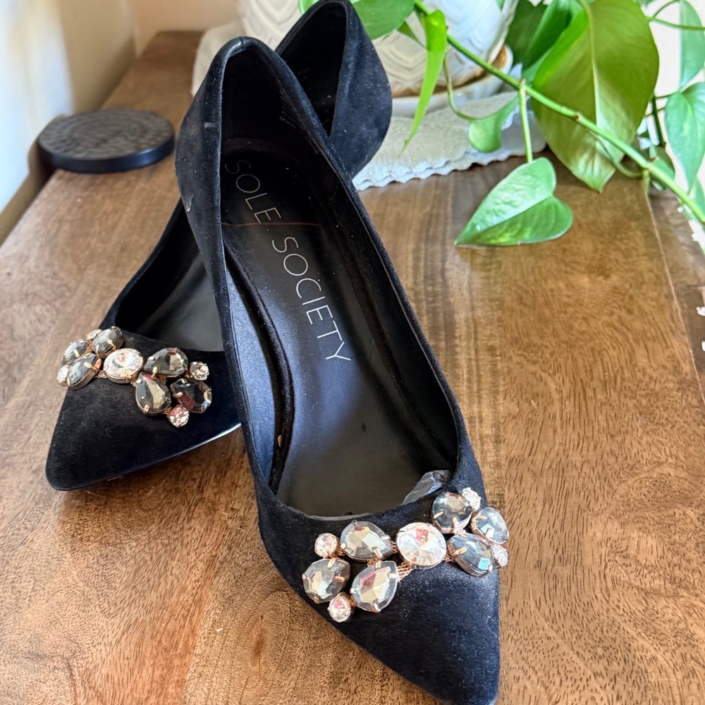 Sole Society Pump Womens 8 Black Crystal‎ Embellished Suede Pointed Toe Stiletto